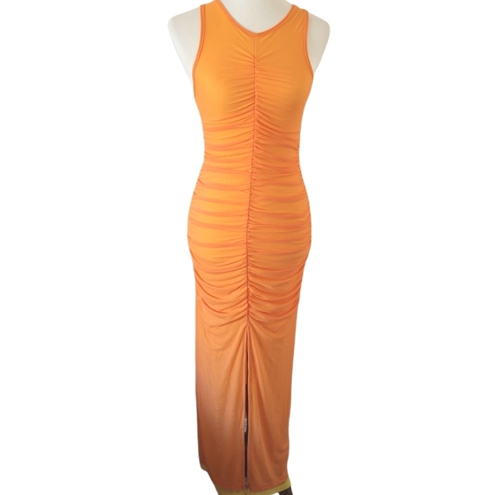 SHEIN - Neon Orange and Yellow Ruched Wiggle Maxi Dress‎